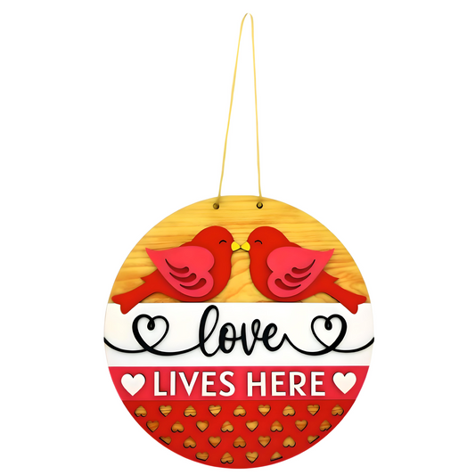 Funtaala DIY Wooden Wall Hanging – Love Lives Here Sign with Birds | 30 cm Round Wall Décor for Living Room, Bedroom & Home Entrance